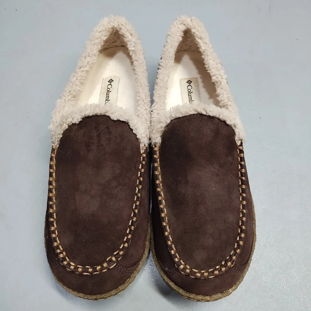 Columbia Big Sky Slippers Men 7 Brown Shearling Lined Moc Toe Slip On YM5241-248